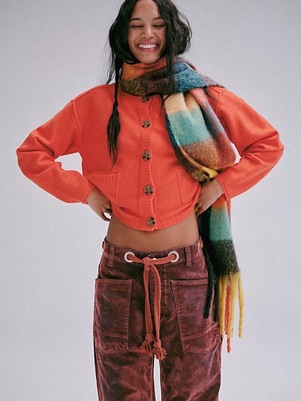 Free People Luna Cardigan red orange soft scoop neck ribbed sweater
